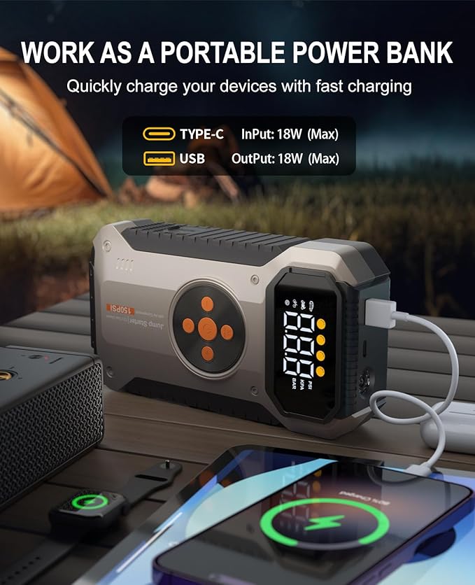 Portable Jump Starter with Air Compressor 5500A, 12V Car Charger Jump Starter Power Pack,150 PSI Tire Inflator and Jumper Box for 9.5L Gas/8.0L Diesel