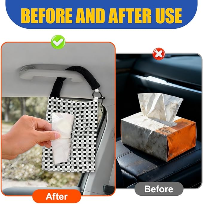 Car Tissue Holder, Checkered Pattern Car Backseat Napkin Holder, Rectangular Canvas Hanging Auto Tissues Box, Universal Vehicle Storage Organizer Accessory for Phone, Small Items (Black)