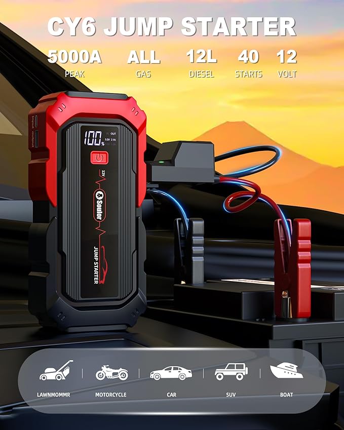 Jump Starter Battery Jumper Starter Portable Car Battery Jump Starter for Up tp All Gas & 12L Diesel, 12V 5000A Portable Jump Box with 3 Modes Flashlight and Jumper Cable