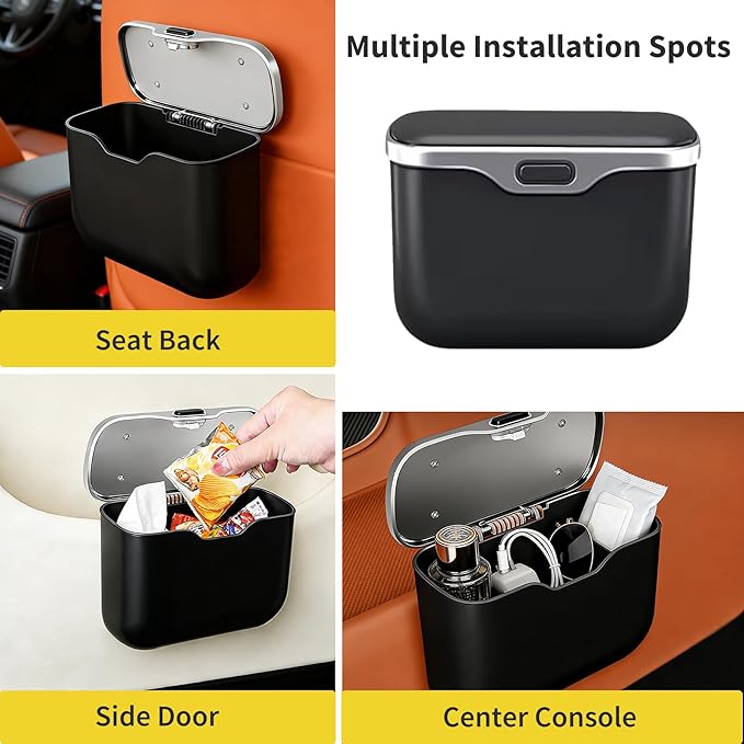 Mini Car Trash Can with Lid, Leakproof Car Trash Bin Small Car Garbage Can for Back Seat Front Seat Door Dry/Wet Waste, Universal Hanging Trash Can for Car, Sedan, Trucks, SUVs, Most Vehicles (Black)