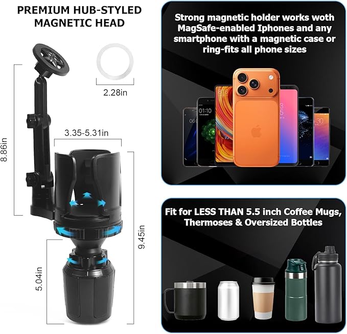 Frani Car Cup Holder Expander with Magnetic Phone Mount - Adjustable Insert Fits 2.68-4.33" Holders, 360° Gooseneck & Strong N52 Magnets for iPhone Samsung