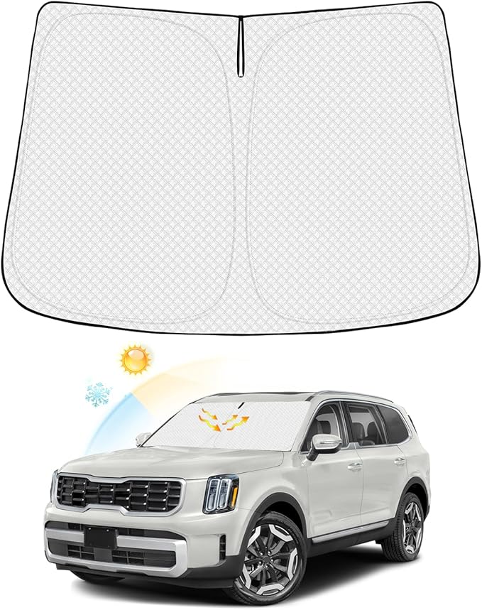 Canvcle Windshield Sun Shade for 2020-2025 2026 Kia Telluride Accessories Thicken 6-Layer Front Window Sunshade Cover Sun Visor Protector Foldable Block UV Rays Keep Vehicle Cool
