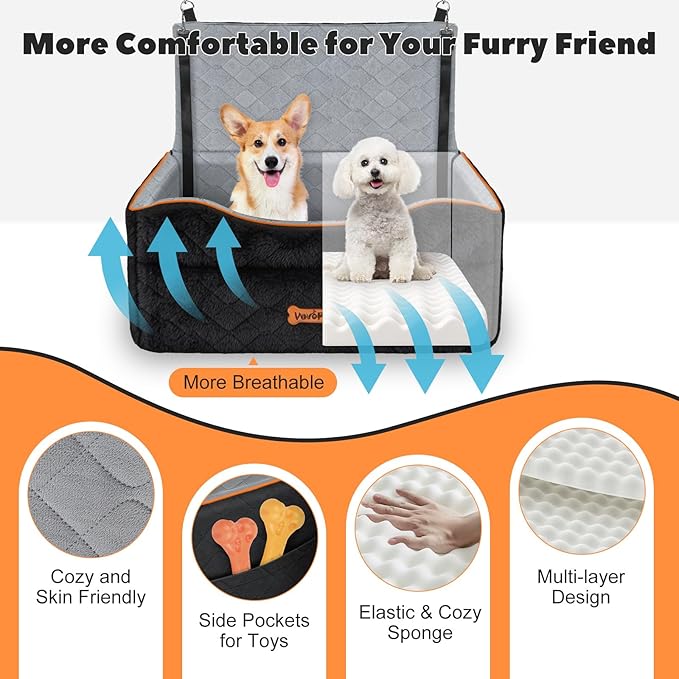 VavoPaw Dog Car Seat for Medium Dog, Dogs Booster Seat Under 50Lbs or 2 Small Dogs Washable, Pet Car Seats with 2 Safety Leashes, Pets Sofa Bed Cushion Add Thick Sponge, Pet Cars Carrier for Travel