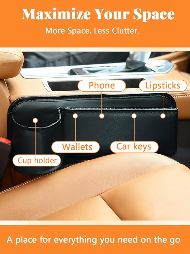Car Seat Gap Filler Organizer,Car Seat Gap Storage with Cup Holder, Front Seat Gap Storage Box, Universal Fit PU Leather Gap Bag for Phone, Sunglasses, Cards, Keys(Left+Right Side)