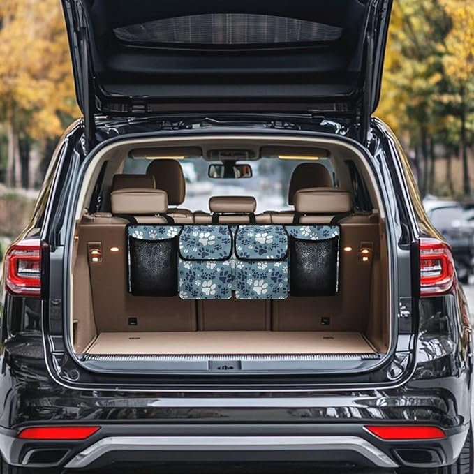 Funny Dog Paw Prints Car Trunk Organizer, Hanging Car Back Seat Storage Bag with 4 Pockets, Universal Automotive Interior Accessories, Keep Your Trunk Tidy