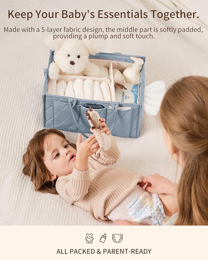 Baby Boy Essentials Diaper Caddy Organizer – Portable Storage Basket with Shoulder Strap & Stroller Hooks, Splashproof Quilted Nursery & Car Tote, Baby Gifts for Baby Shower, Classic Blue