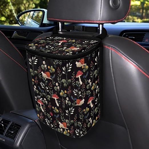 Talayituse Mushroom Snail Flower Print Car Trash Can with Lid, Leak Proof Auto Trash Bag Hanging Vehicle Garbage Can Multipurpose Storage Container for Back Seat Road Trip