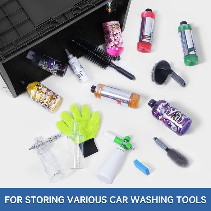 Wash and Garage Organizer Box, Foldable Plastic Crates for Foam Cannon with 1/4 Inch Quick Connector, Large Detail Car Care Box, Trunk Organizer for SUVS Sedans