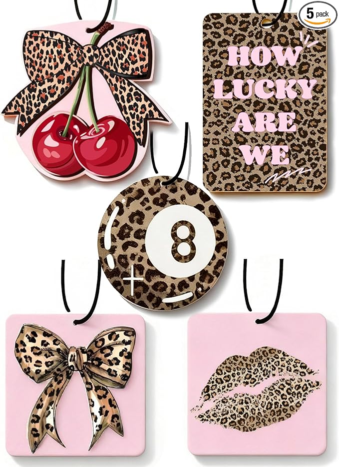 Cheetah Print 5pcs Car Air Freshener Bow Coquette Leopard Print Car Accessories Automotive Interior Hanging Scents Mirror Decor for Women Teen Girls