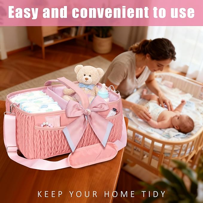 Baby Diaper Caddy Organizer - Large diaper basket with Adjustable Shoulder Strap, Portable Car Travel Tote Bag with Stroller Clips, Essential Newborn Girl Registry Gift, Pink