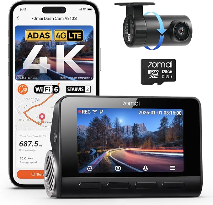 70mai A810S 4K Dual Dash Cam Front & Rear, STARVIS 2 HDR Super Night Vision, AI Motion Detection & 24/7 Parking, Built-in GPS, Wi-Fi & Optional 4G Remote Viewing, ADAS, Loop Recording, Time-Lapse