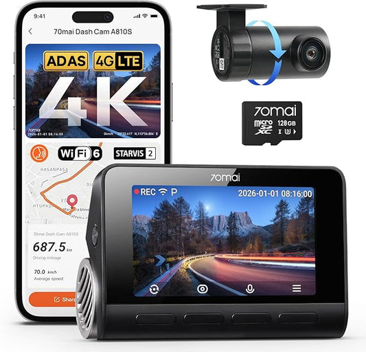 70mai A810S 4K Dual Dash Cam Front & Rear, STARVIS 2 HDR Super Night Vision, AI Motion Detection & 24/7 Parking, Built-in GPS, Wi-Fi & Optional 4G Remote Viewing, ADAS, Loop Recording, Time-Lapse