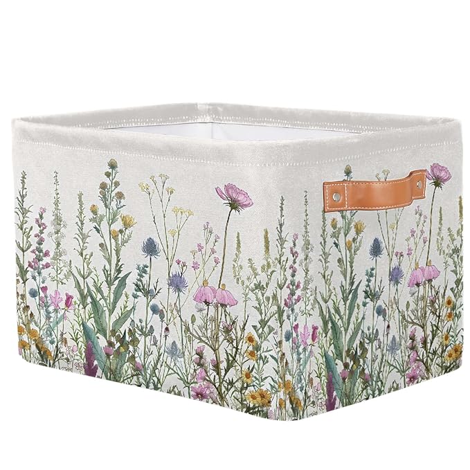 Wildflowers Plants Storage Baskets for Organizing, Fabric Collapsible Storage Bins Box Spring Esthetical Decorative Toy Organizer Baskets for Closet Shelves Gift Basket 1 Pc