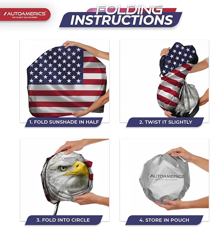 Autoamerics Truck Windshield Sun Shade with Storage Pouch & Anti-Slip Dash Pad - Foldable American Eagle Flag Design - Fits Most SUVs & Trucks - Blocks UV Rays, Keeps Car Cool | X-Large (66 x 36 in)