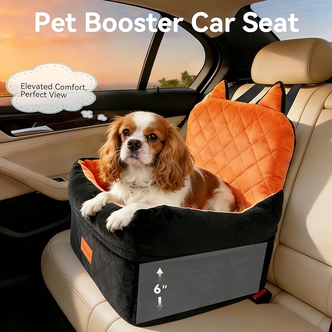 Dog Car Seat for Small/Medium Dogs Up to 35lbs,Elevated Cushion Fits in Front/Back Seat,Travel Safety Per Car Bed with Washable Removable Cover, Storage 2 Pockets Black-Orange