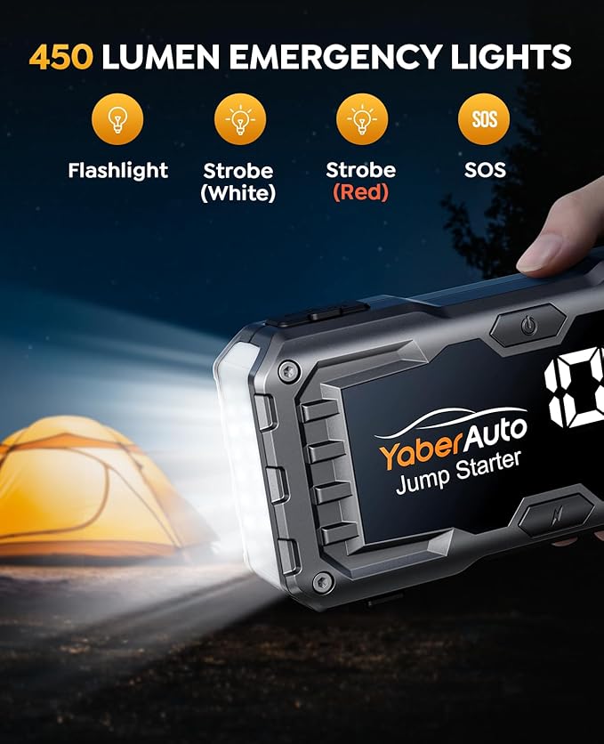 YaberAuto Car Battery Jump Starter 6000A Jump Box (10.0L Gas/9.0L Diesel) Portable Car Jump Starter Pack, 12V Battery Jumper Starter Portable, Fast Charge, 160W DC, 4-Mode Lights