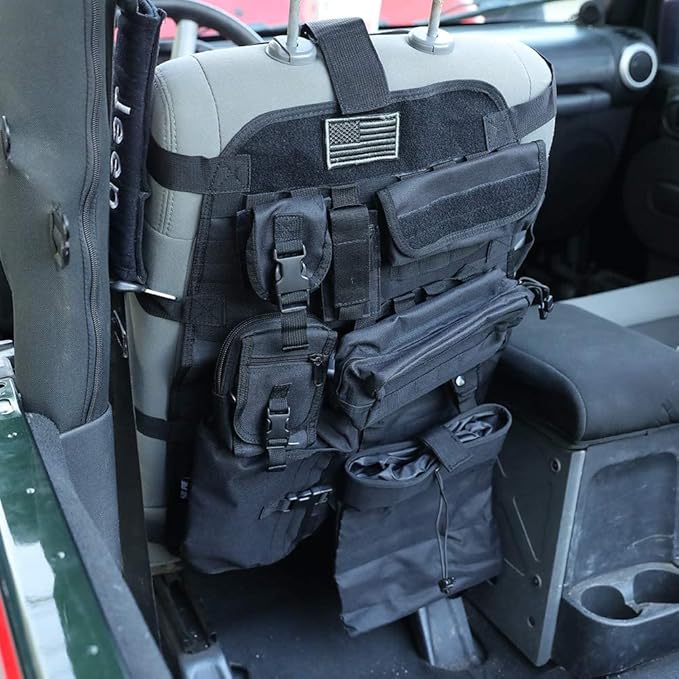 SUNPIE Black Upgrade Larger Seat Protector Tactical Seat Cover Universal Fit for Trucks Pickup SUV, Compatible with JL/JT, JK, TJ, Compatible with F150 Multi Pockets Molle Seat Back Organizer