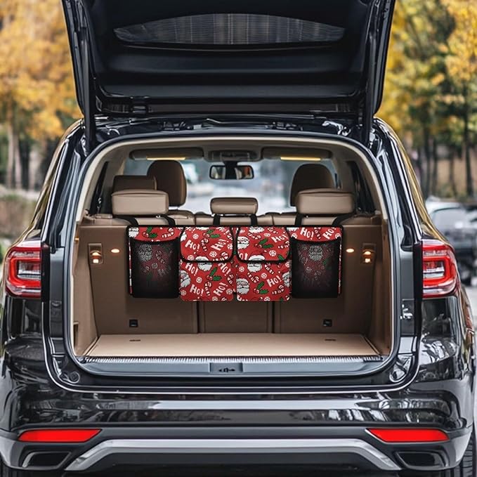 Hanging Car Trunk Organizer Red Christmas Collapsible Car Back Seat Storage Bag Auto Cargo Bags with 4 Large Pockets Universal Automotive Interior Accessories