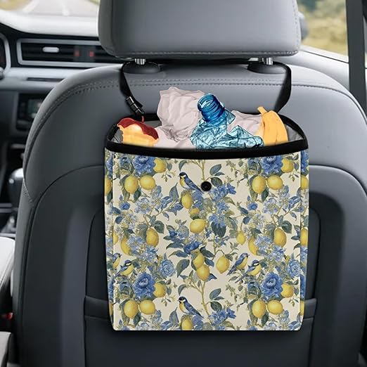 2 Gallons Open-Top Car Trash Can Hanging Car Trash Bag Water Resistant Leakproof Trash Bag Car Accessories for Women Men, Lemon Birds Floral Pattern