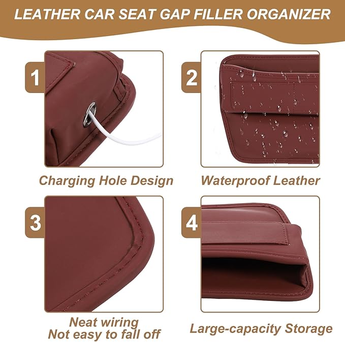HARFINGTON Car Seat Gap Filler Organizer 11.8 x 8.3 x 2.2 Inch PU Universal Car Organizer Storage Box Between Seat and Console (Right) with Cup Holders for Phone Sunglasses Keys, Red