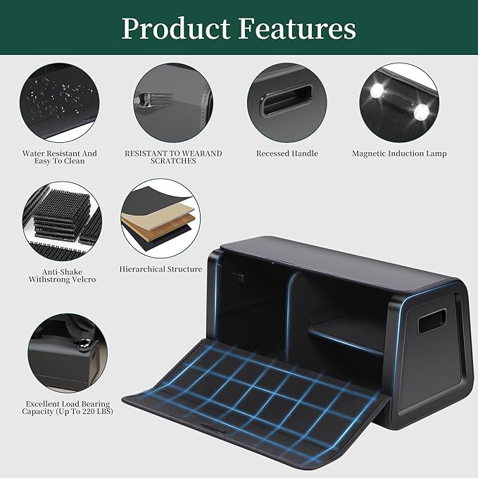 Car Trunk Organizer for SUVs & Sedans,Leather Storage Box,Magnetic Lid,Collapsible and Adjustable,Extra Large,Magnetic Induction Lamp,Black