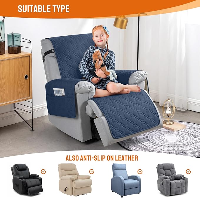 VANSOFY 100% Waterproof Recliner Chair Covers, Recliner Cover Non-Slip Dog Chair Cover Furniture Protector Washable Slipcover with Pocket, Elastic Straps for Pets, Dogs(Navy Blue, 25")