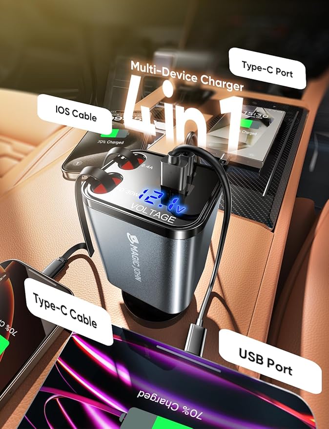 MAGIC JOHN Retractable Car Charger, 4 in 1 Fast Charging Car Phone Charger, 69W USB-C Car Truck Accessories, Travel Essentials Gifts for Women Men, for iPhone 17 ProMax/16/15/14/13/12, Samsung Galaxy