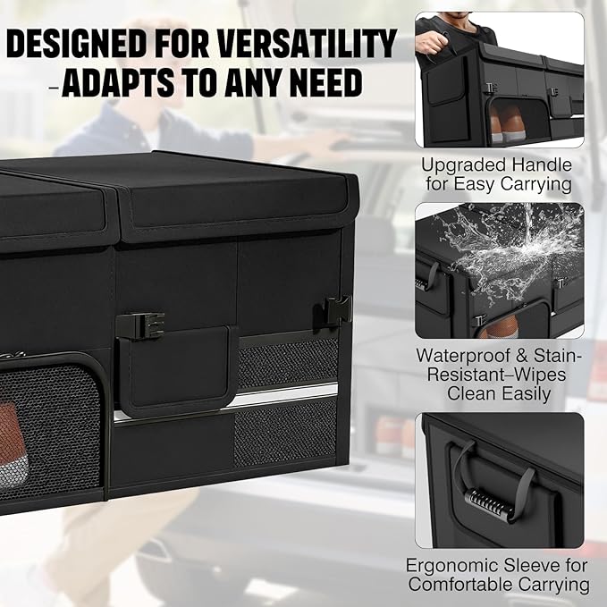 Foldable Car Trunk Organizer with Multi-Compartment – Expandable 30-60L Storage Bin, Side Mesh Pockets, Waterproof 600D Oxford Cloth, Car Accessories for SUV/Truck/Sedan, Grey, 23.6"x13.0"x11.8"