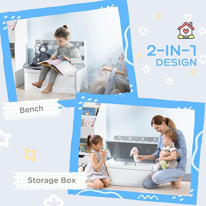 Qaba Toddler Toy Box Storage Bench with Large 27 Liter Interior, Kids Storage Bench Seat with Storage for Toddler Playroom Furniture, Kids Bedroom Furniture, Toy Organizer and Storage Bin, Gray