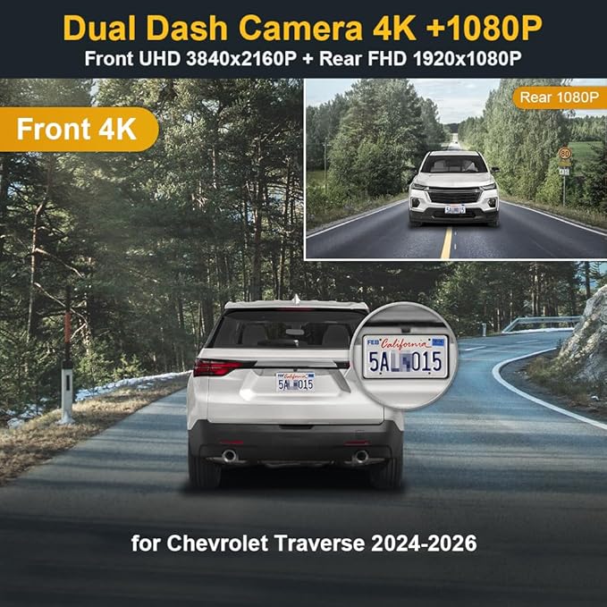 Fitcamx Front 4K+Rear 1080P Dash Cam Adapts for Chevy Traverse 2024-2026 (HD2-D5300) LT LS RS Z71 High Country, OEM Look, Dual HD Video, WiFi & APP, Loop Recording, G-Sensor, Easy to Use, 128GB Card