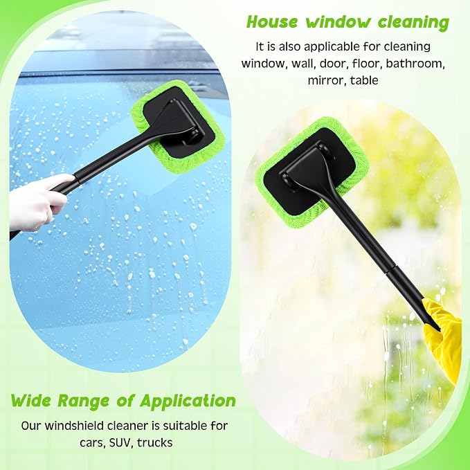FoldTier 8 Pcs Car Windshield Cleaner Tool Kit with Removable Handle, Microfiber Towel Pads, Brush, Empty Spray Bottle for Auto Glass Wiper Suvs Rvs & Home Windows(Green)