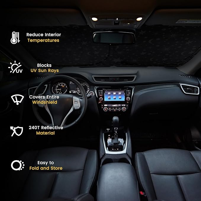 Windshield Sun Shade, Car Sun Shade Windshield, Reflector Sunshade Offers Ultimate Protection for Car Interior, Reflective Polyester Blocks Heat for Sedans, Mini SUVs, Hatchbacks - 57 x 31.5 inches