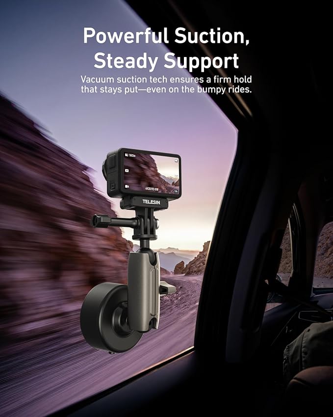 TELESIN Electric Vacuum Suction Cup Car Mount for GoPro Max Hero 13/12/11/10/9, Insta360 X5/X4/X3, DJI Action 6 5 Pro/4/3,Suction Camera Mount for Car Windshield, Dashboard, 360° Adjustable Arm