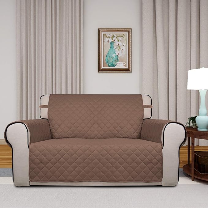 PureFit Reversible Quilted Sofa Cover, Water Resistant Medium Slipcover Furniture Protector, Washable Couch Cover with Non Slip Foam and Elastic Straps for Kids, Dogs, Pets (Loveseat, Brown/Beige)