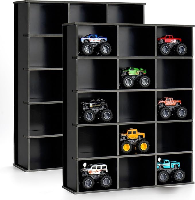 2 Pack Trucks Display Shelf, 15 Slot Toy Cars Display Case, Wall Mounted Toy Truck Storage Organizer Holder, Black