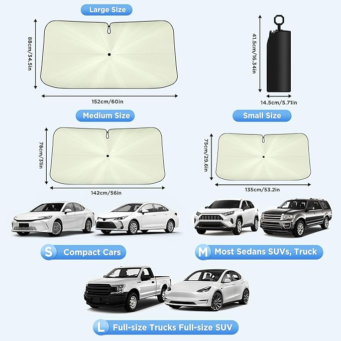 2026 Upgraded Windshield Sun Shade Umbrella [7-Layer Vinyl Coating Heat Shield] Foldable Front Window Sunshade Umbrella Flexible Handle Protect Interior from UV Keep Car Cooler (57" x 31")