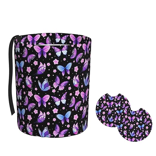 Car Trash Bag Butterfly Purple Hanging Back of Seat Car Portable Trash Bag Butterfly Purple Waterproof One-Handed Portable Strap Drawstring Garbage Bags 2 Pieces Car Coasters
