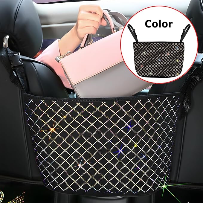 zipelo Bling Car Net Pocket Handbag Holder, Rhinestone Vehicle Backseat Purse Organizer Between Seats, Diamond Hanging Storage Bag Barrier of Pet Kids, Universal Automotive Accessories (Multicolor)