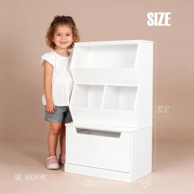 UTEX Kids Toy Storage Organizer, Bookshelf for Kids and Bookcase with Drawer, Children Open Storage Cubby for Bedroom Playroom Nursery White