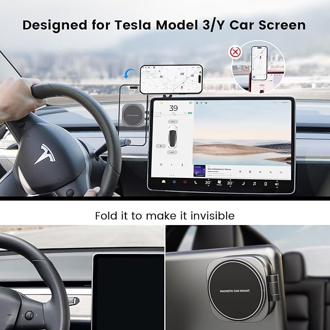 Phone Mount for Tesla Model 3 Model Y, Strong Magnetic Designed for MagSafe Car Mount Phone Holder for Tesla Screen Monitor, Invisible Foldaway Tesla Accessories for iPhone 12/13/14/15 Series