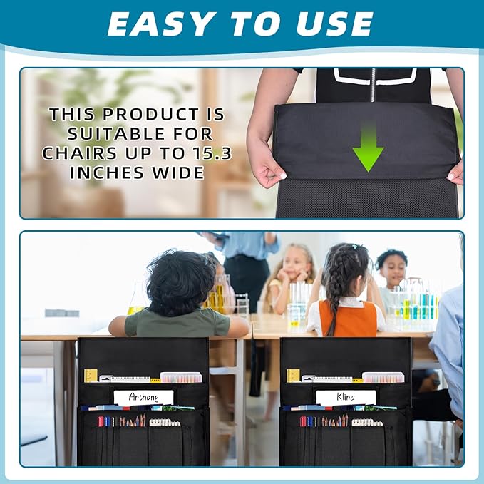 12 Pcs Classroom Chair Pockets, 18.5 x 15.3 inch Black Chair Pockets For Classroom, Seat Sacks for Classroom Chairs, Buddy Pocket, Chart Seat Back Organizer with Name Tag