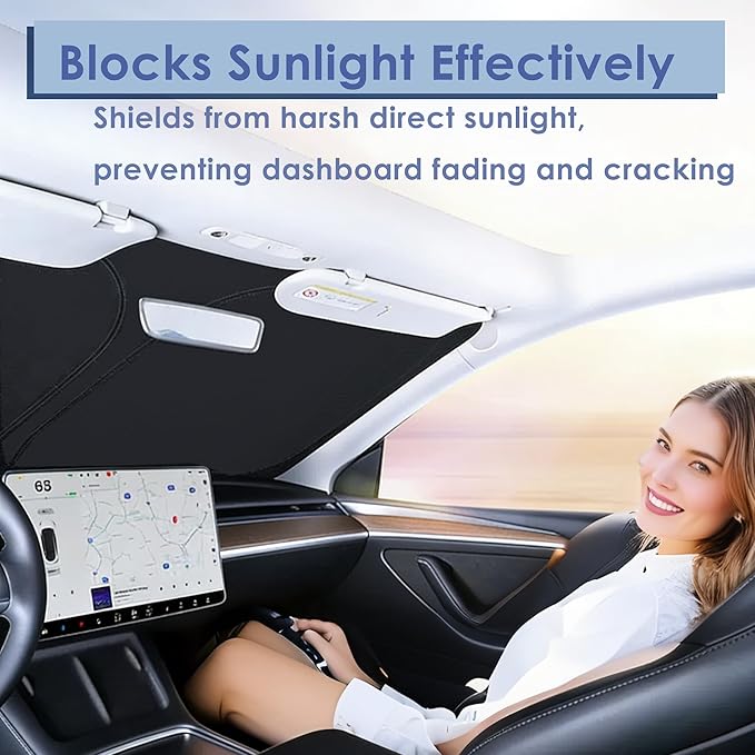 Windshield Sunshade for Tesla Model 3 & Model Y, Digital Printed Double-Sided Fabric Sun Visor, Silver Outside Black Inside UV Block Sunshade Compatible with 2017-2026 Model 3 2021-2026 Model Y