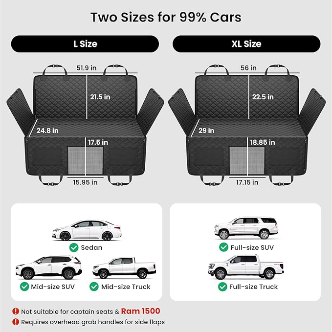 REEVAA Dog Car Seat Cover for Back Seat, Hard Bottom Dog Hammock, Pet Bed Extender for 2-4 Large/Medium Dogs, Waterproof Seat Protector, Universal L Size Fits for SUV Medium Truck, Black