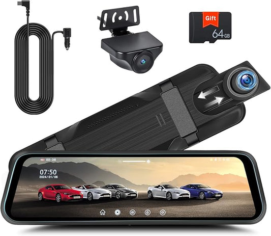 Rear View Mirror Camera, Mirror Dash Cam for Car 1080P Front & Rear Mirror Cameras 9.66 Inch HD IPS Full Touch Screen 64G Card Night Vision Motion Detection Loop Recording 24H Parking Monitor G-Sensor