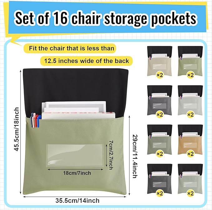 16 Pcs Chair Pockets for Classroom, 14 x 18 Inch Green Chairback Pocket with Name Tag Slot, Seat Cover for Classroom Chairs K-5, Back to School Supplies, 8 Colors