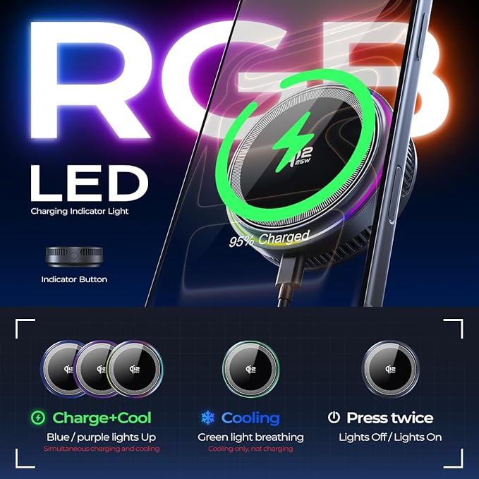Qi2.2 Wireless Charger【25W Fast Charging+Instant Cooling】,Magnetic Charger Pad with Cooling Fan,LED Light Phone Holder Fast Charging Compatible with iphone17/16/15/14/13/12 Series