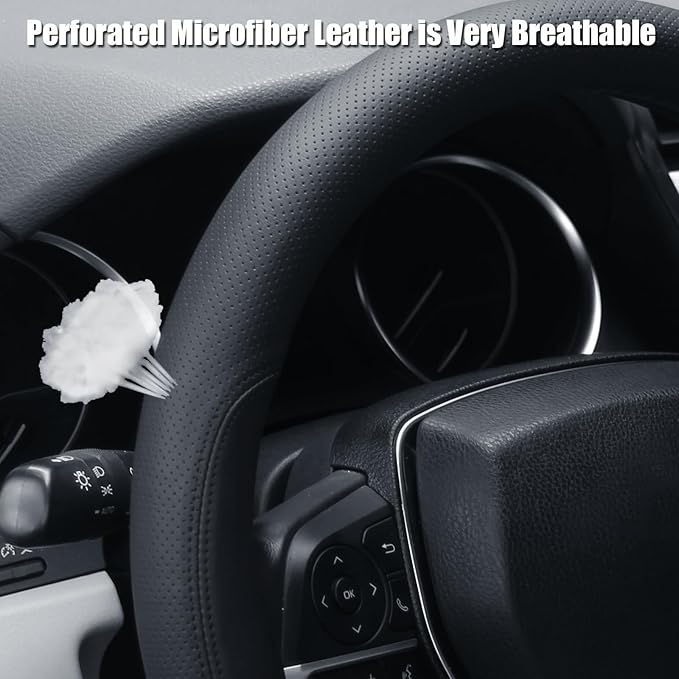 D Shaped Steering Wheel Cover, Flat Bottom Car Wheel Cover 14 1/2-15 inch (37-39 cm), Breathable Microfiber Leather, Black