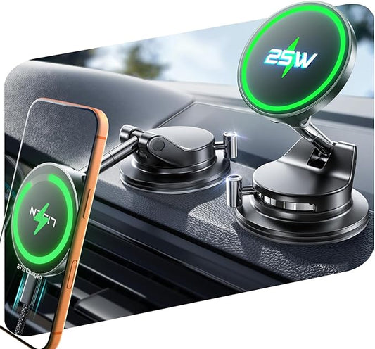 LISEN Qi2.2 25W Magsafe Car Mount Charger,[More Stable & Faster Charging] Suction Cup Phone Mount, Wireless Car Charger 25W for iPhone 17 16 Samsung Galaxy S26 Ultra,15W for iPhone 17e 15 14 13 12