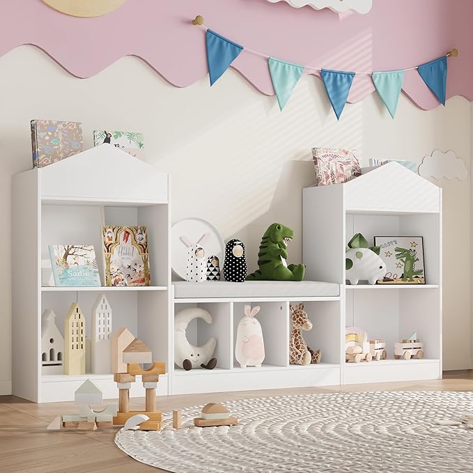 MHOM 68.9“ Kids Bookshelf with Reading Nook, Toy Storage Organizer with Seat Cushion and 7 Storage Cubbies, Wooden Kids Bookcase, Toy Organizers and Storage for Nursery, Playroom, White