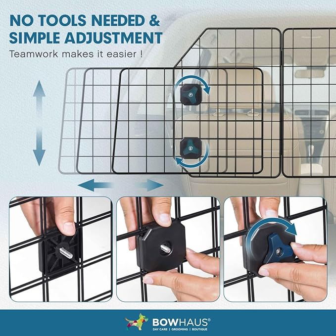 BOWHAUS Dog Car Barrier, Dog Divider for SUVs, Trucks, Vehicles, Heavy-Duty Wire Mesh Adjustable & Foldable Pet Barrier for Cargo Area, Car Safety Accessories, Hardware Included